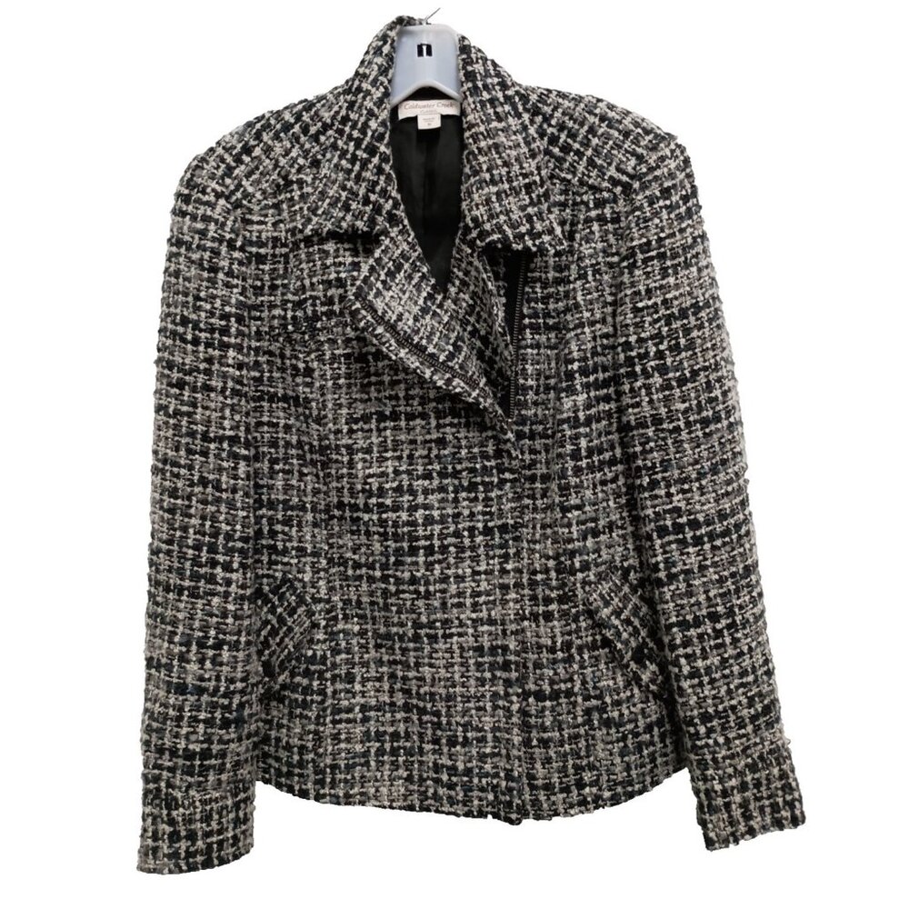 Coldwater Creek Moto Jacket Womens Size 10 Black White Tweed Office Classic